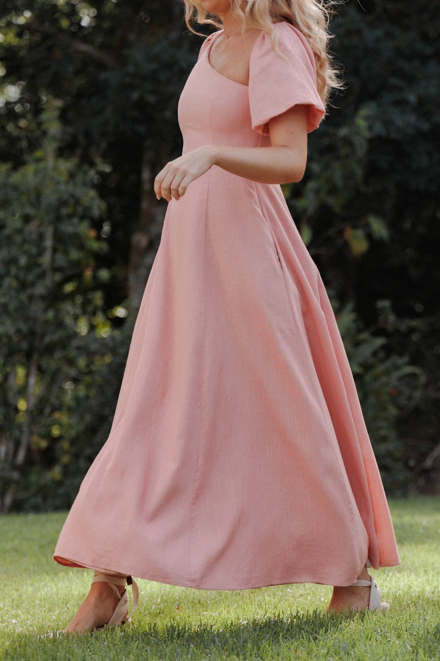 Elegant One Shoulder Puff Sleeve Linen Blend Maxi Prom Dress For Formal Evening Wedding Guest Bridesmaid Cocktail Party