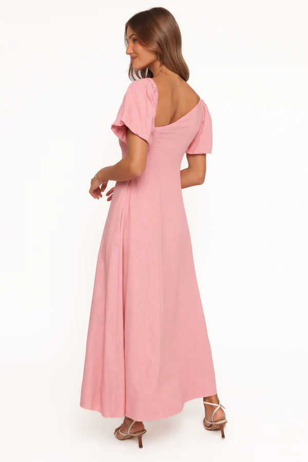 Elegant One Shoulder Puff Sleeve Linen Blend Maxi Prom Dress For Formal Evening Wedding Guest Bridesmaid Cocktail Party