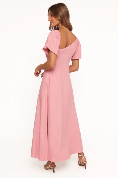 Elegant One Shoulder Puff Sleeve Linen Blend Maxi Prom Dress For Formal Evening Wedding Guest Bridesmaid Cocktail Party