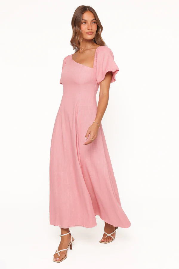 Elegant One Shoulder Puff Sleeve Linen Blend Maxi Prom Dress For Formal Evening Wedding Guest Bridesmaid Cocktail Party