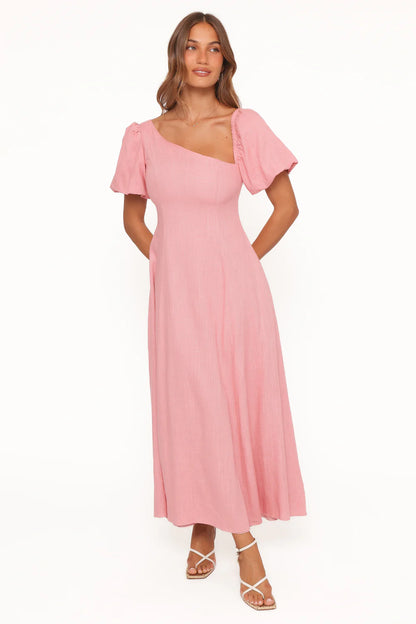 Elegant One Shoulder Puff Sleeve Linen Blend Maxi Prom Dress For Formal Evening Wedding Guest Bridesmaid Cocktail Party