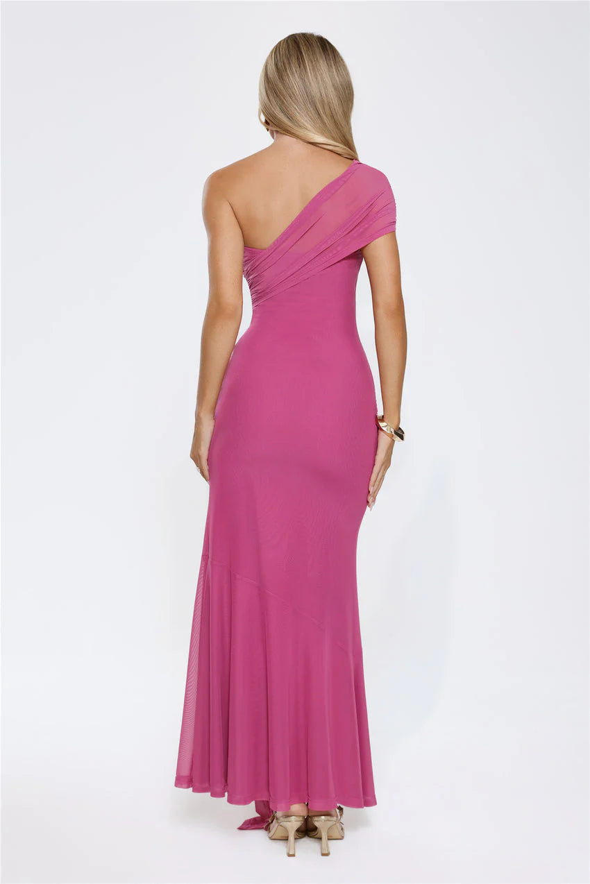 Elegant One Shoulder Ruched Bodice Twist Waist Detail High Slit Mermaid Maxi Evening Dress For Formal Evening Prom Wedding Guest Bridesmaid Cocktail Party Gala