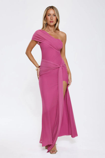 Elegant One Shoulder Ruched Bodice Twist Waist Detail High Slit Mermaid Maxi Evening Dress For Formal Evening Prom Wedding Guest Bridesmaid Cocktail Party Gala