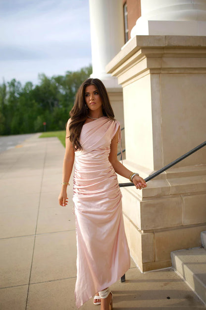Elegant One Shoulder Ruched Drawstring Side Split Satin Maxi Prom Dress For Wedding Guest Bridal Shower Formal Evening
