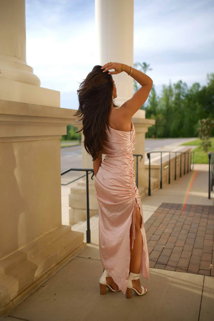 Elegant One Shoulder Ruched Drawstring Side Split Satin Maxi Prom Dress For Wedding Guest Bridal Shower Formal Evening