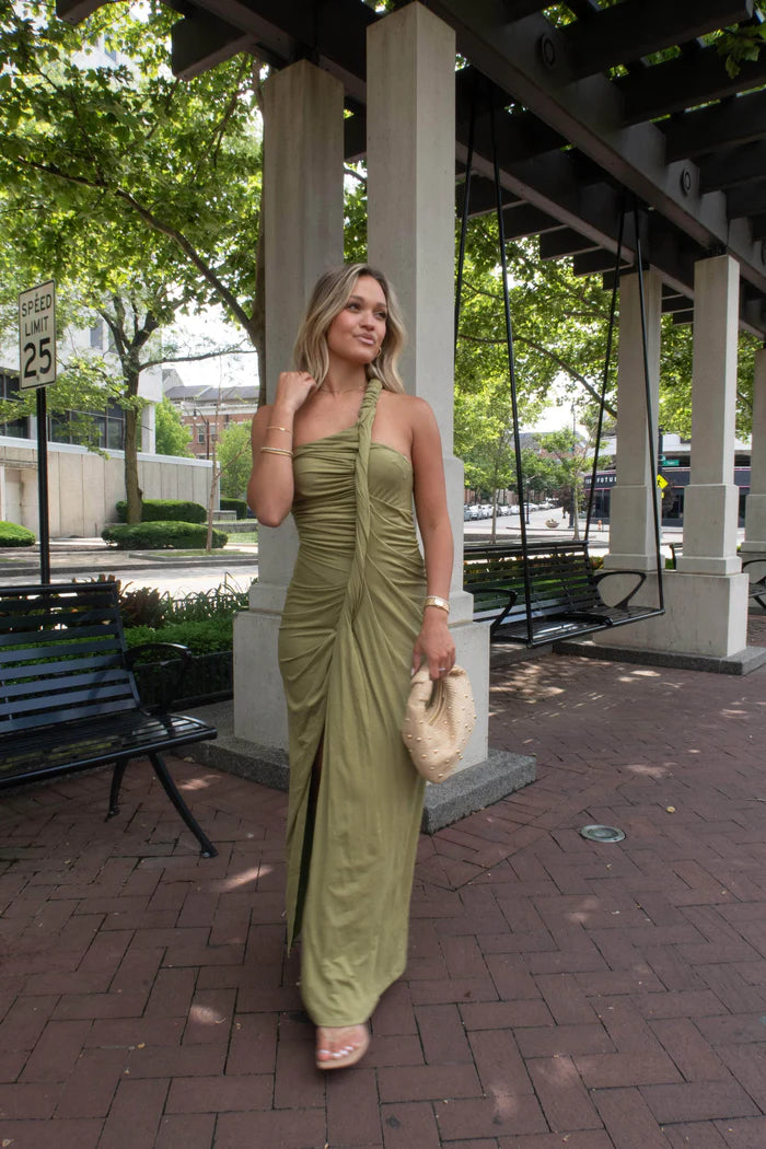 Elegant One Shoulder Ruched Side Split Bodycon Maxi Prom Dress For Wedding Guest Bridal Shower Formal Evening