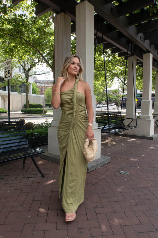 Elegant One Shoulder Ruched Side Split Bodycon Maxi Prom Dress For Wedding Guest Bridal Shower Formal Evening