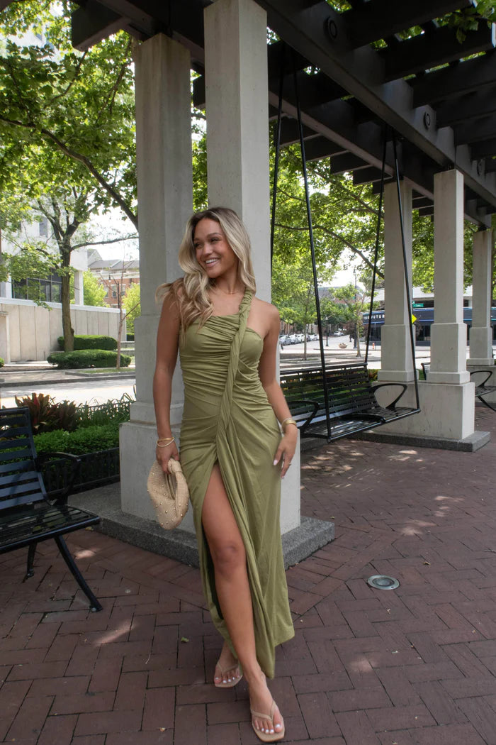 Elegant One Shoulder Ruched Side Split Bodycon Maxi Prom Dress For Wedding Guest Bridal Shower Formal Evening