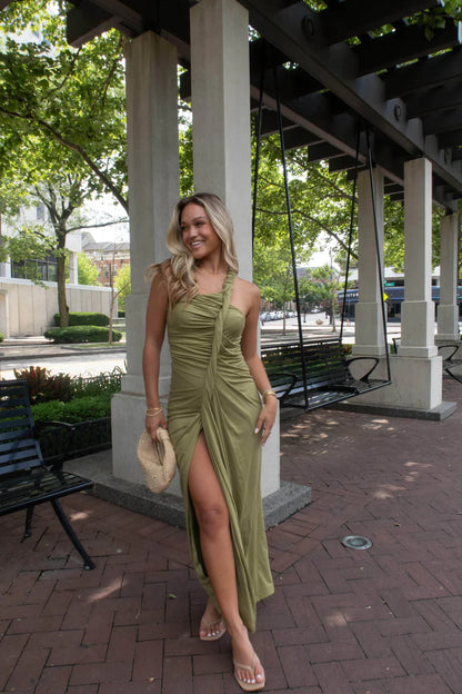Elegant One Shoulder Ruched Side Split Bodycon Maxi Prom Dress For Wedding Guest Bridal Shower Formal Evening