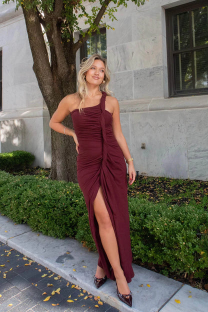 Elegant One Shoulder Ruched Side Split Bodycon Maxi Prom Dress For Wedding Guest Bridal Shower Formal Evening