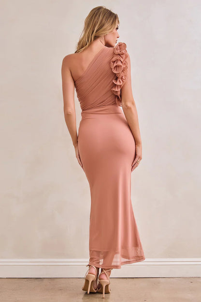 Elegant One Shoulder Ruffle Trim Ruched Mesh Bodycon Maxi Prom Dress For Formal Evening Gala Cocktail Party Wedding Guest