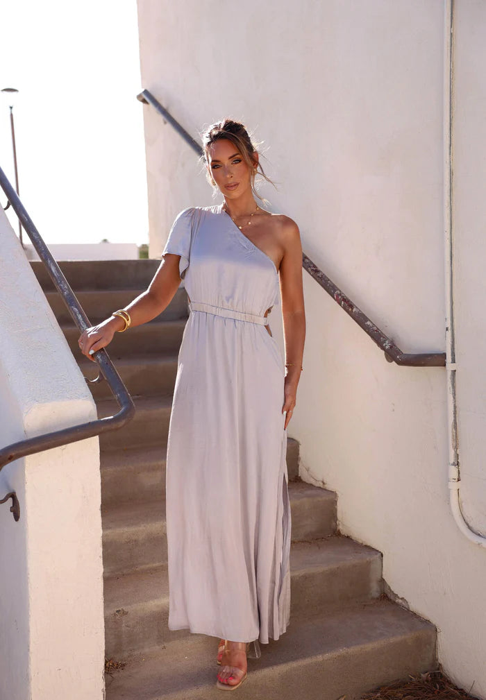 Elegant One Shoulder Short Sleeve Cutout Waist Satin Maxi Prom Dress For Wedding Guest Bridal Shower Formal Evening