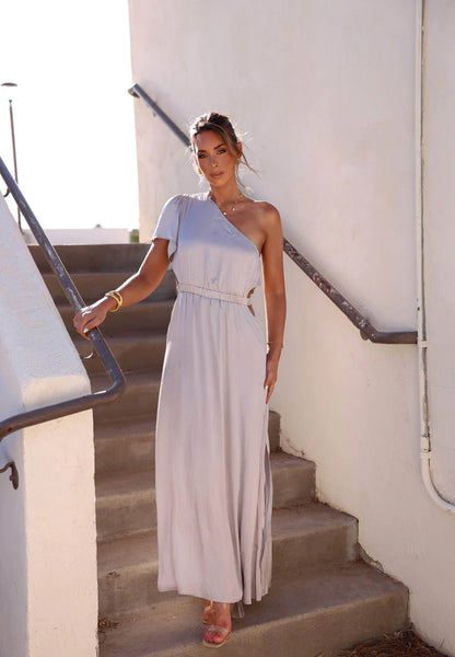 Elegant One Shoulder Short Sleeve Cutout Waist Satin Maxi Prom Dress For Wedding Guest Bridal Shower Formal Evening