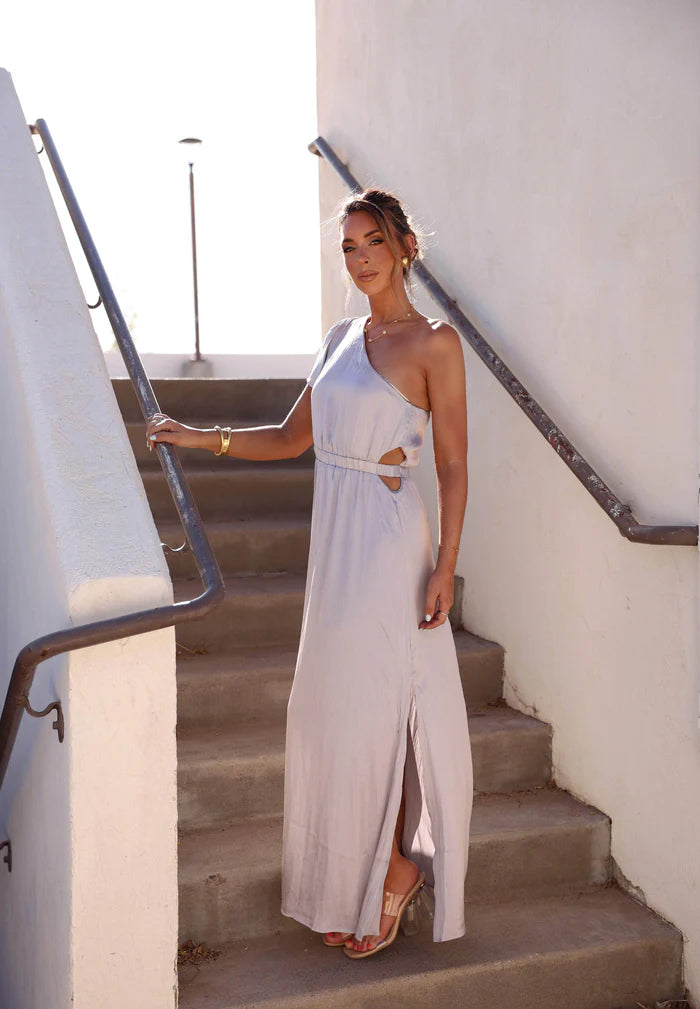 Elegant One Shoulder Short Sleeve Cutout Waist Satin Maxi Prom Dress For Wedding Guest Bridal Shower Formal Evening