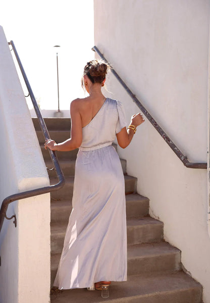 Elegant One Shoulder Short Sleeve Cutout Waist Satin Maxi Prom Dress For Wedding Guest Bridal Shower Formal Evening