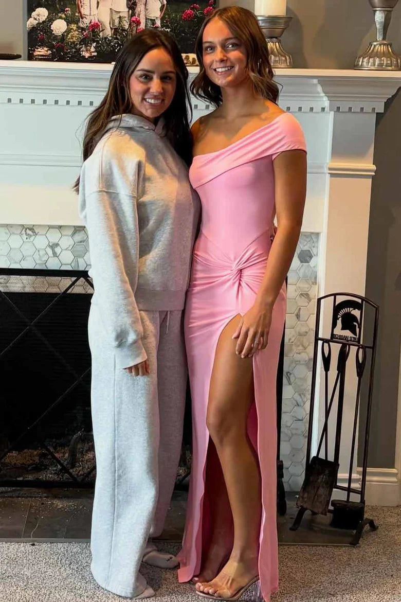 Elegant One Shoulder Short Sleeve Ruched Bodice Twist Detail High Slit Mermaid Maxi Evening Dress For Formal Evening Prom Wedding Guest Bridesmaid Cocktail Party Gala
