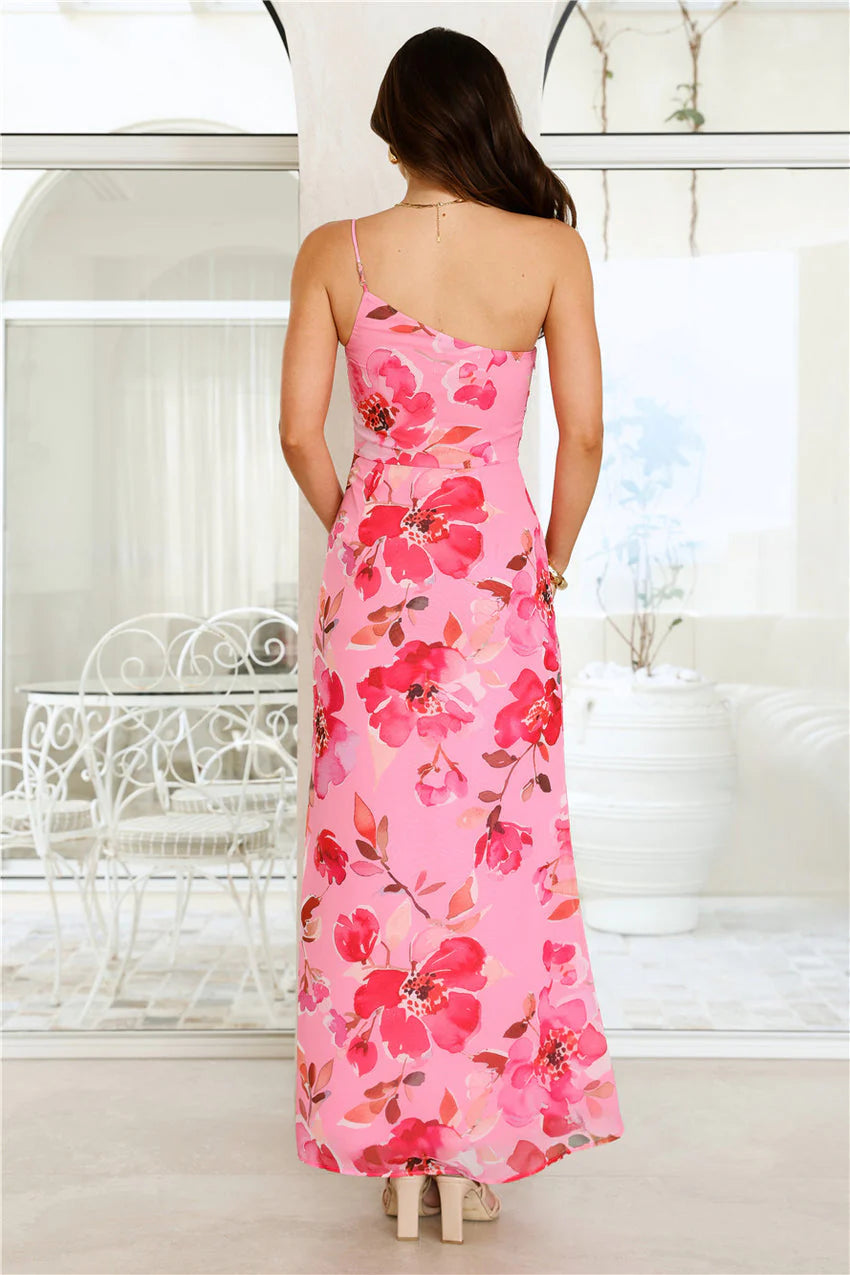 Elegant One Shoulder Spaghetti Strap Watercolor Floral Print High Slit Bodycon Maxi Evening Dress For Formal Evening Prom Wedding Guest Bridesmaid Cocktail Party Gala