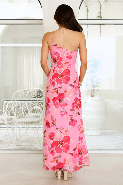 Elegant One Shoulder Spaghetti Strap Watercolor Floral Print High Slit Bodycon Maxi Evening Dress For Formal Evening Prom Wedding Guest Bridesmaid Cocktail Party Gala