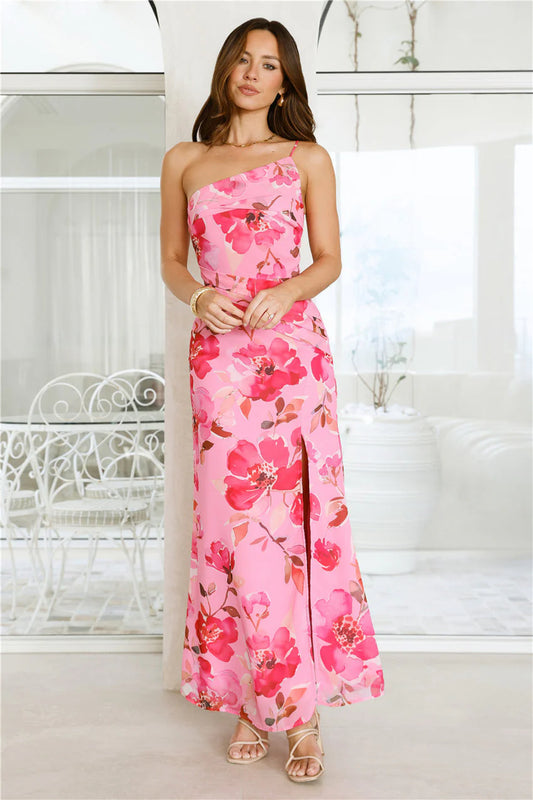 Elegant One Shoulder Spaghetti Strap Watercolor Floral Print High Slit Bodycon Maxi Evening Dress For Formal Evening Prom Wedding Guest Bridesmaid Cocktail Party Gala