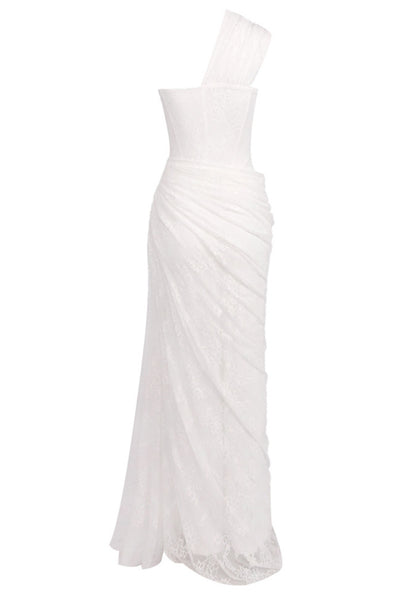 Elegant One Shoulder Sweetheart Neck Open Back Lace Up Detail Lace Ruched Mermaid Maxi Prom Dress