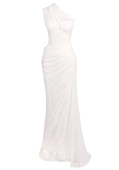 Elegant One Shoulder Sweetheart Neck Open Back Lace Up Detail Lace Ruched Mermaid Maxi Prom Dress
