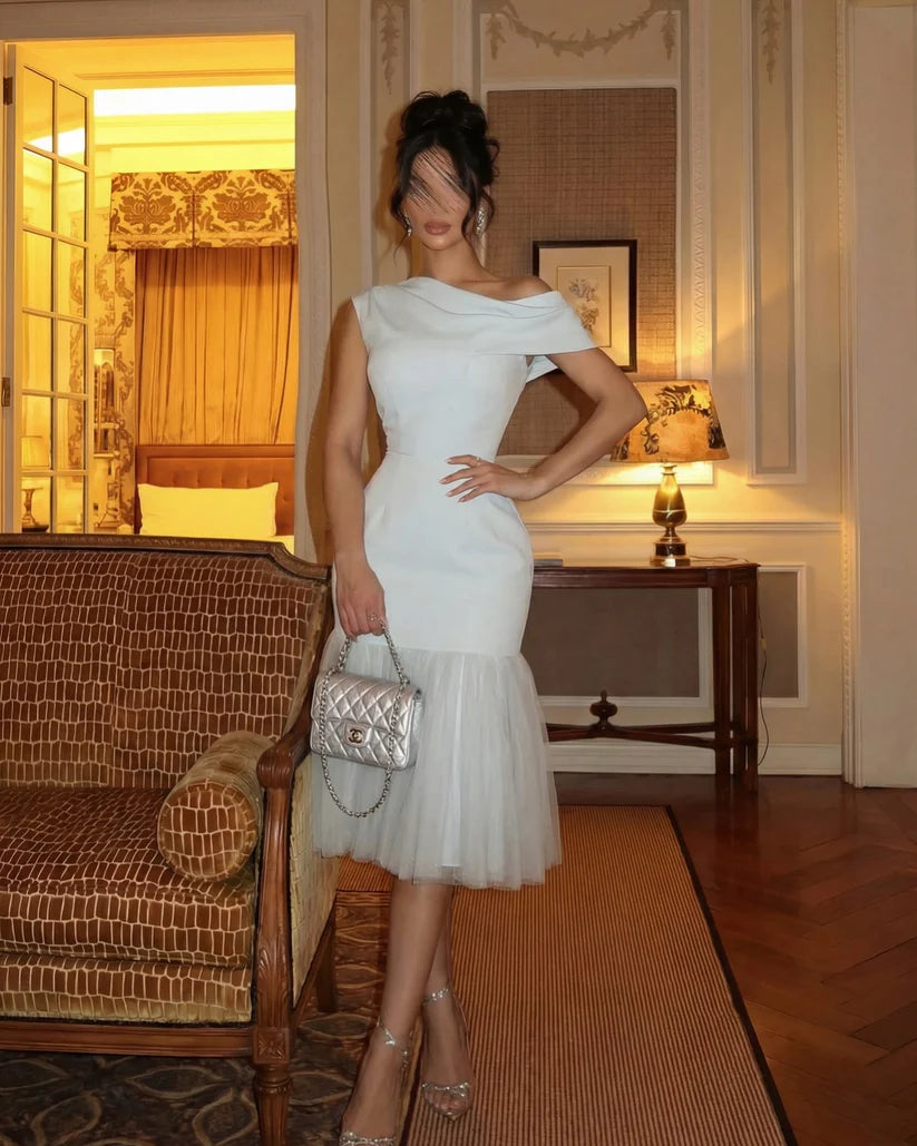Elegant One Shoulder Tulle Hem Bodycon Midi Prom Dress For Formal Evening Wedding Guest