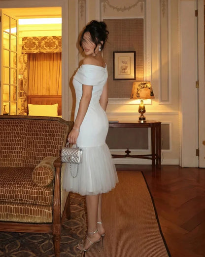 Elegant One Shoulder Tulle Hem Bodycon Midi Prom Dress For Formal Evening Wedding Guest