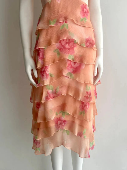 Elegant Peach Floral Halter Neck Prom Dress With Tiered Chiffon Skirt Open Back And V Neck For Formal Evening Party