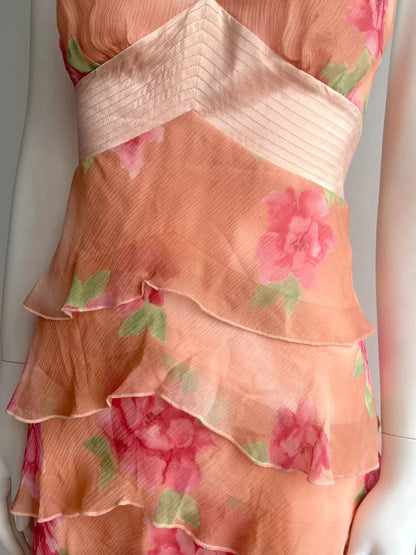 Elegant Peach Floral Halter Neck Prom Dress With Tiered Chiffon Skirt Open Back And V Neck For Formal Evening Party