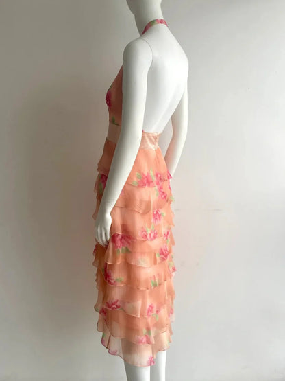 Elegant Peach Floral Halter Neck Prom Dress With Tiered Chiffon Skirt Open Back And V Neck For Formal Evening Party