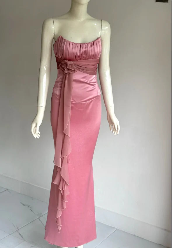 Elegant Pink Strapless Prom Dress With Corset Back Satin Mermaid Skirt And Chiffon Sash For Formal Evening Party