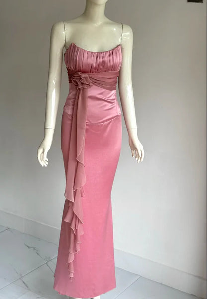 Elegant Pink Strapless Prom Dress With Corset Back Satin Mermaid Skirt And Chiffon Sash For Formal Evening Party