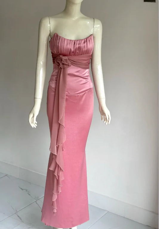 Elegant Pink Strapless Prom Dress With Corset Back Satin Mermaid Skirt And Chiffon Sash For Formal Evening Party