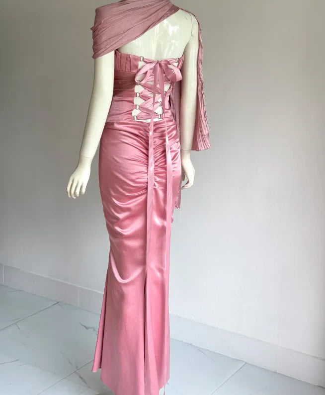 Elegant Pink Strapless Prom Dress With Corset Back Satin Mermaid Skirt And Chiffon Sash For Formal Evening Party