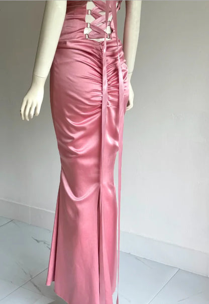 Elegant Pink Strapless Prom Dress With Corset Back Satin Mermaid Skirt And Chiffon Sash For Formal Evening Party