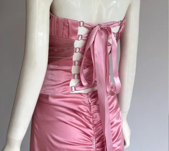 Elegant Pink Strapless Prom Dress With Corset Back Satin Mermaid Skirt And Chiffon Sash For Formal Evening Party
