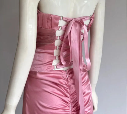 Elegant Pink Strapless Prom Dress With Corset Back Satin Mermaid Skirt And Chiffon Sash For Formal Evening Party
