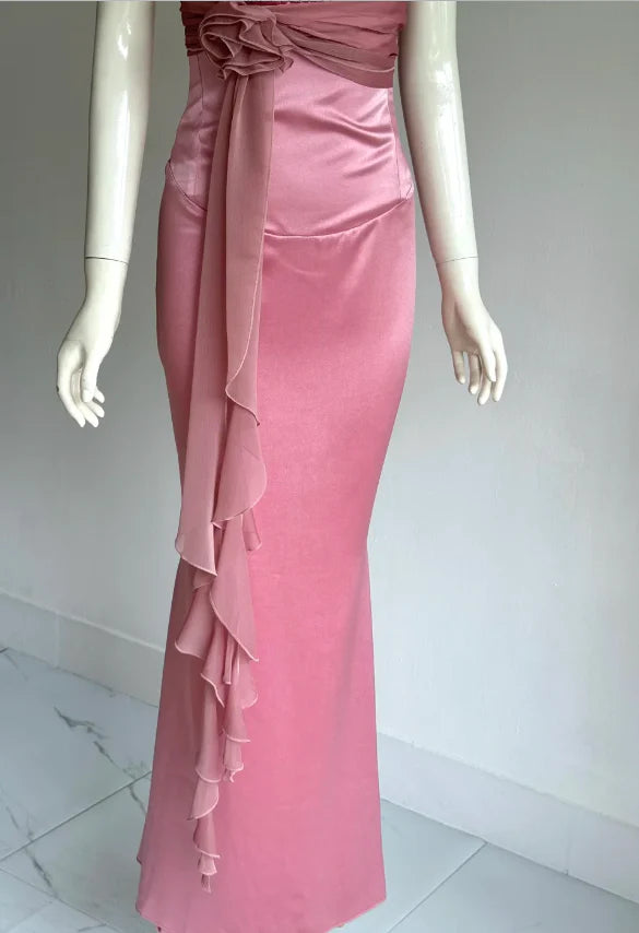 Elegant Pink Strapless Prom Dress With Corset Back Satin Mermaid Skirt And Chiffon Sash For Formal Evening Party