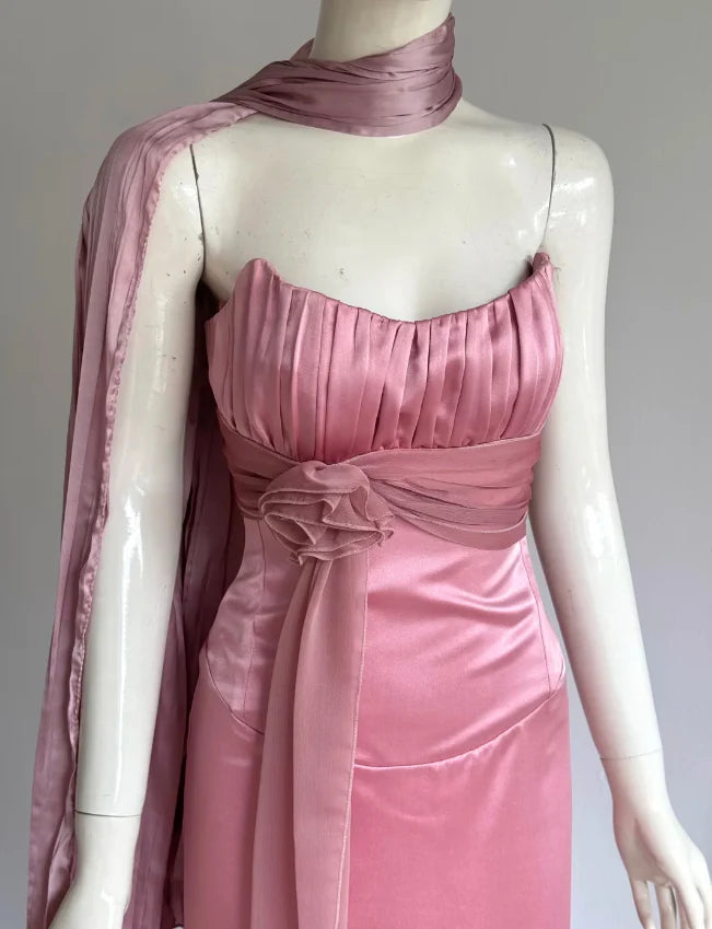 Elegant Pink Strapless Prom Dress With Corset Back Satin Mermaid Skirt And Chiffon Sash For Formal Evening Party