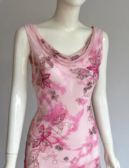 Elegant Pink Watercolor Floral Prom Dress With Cowl Neckline V Back And Beaded Appliques For Formal Evening Party