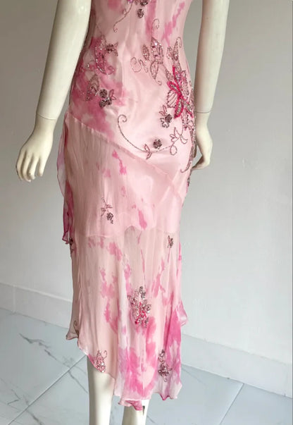 Elegant Pink Watercolor Floral Prom Dress With Cowl Neckline V Back And Beaded Appliques For Formal Evening Party