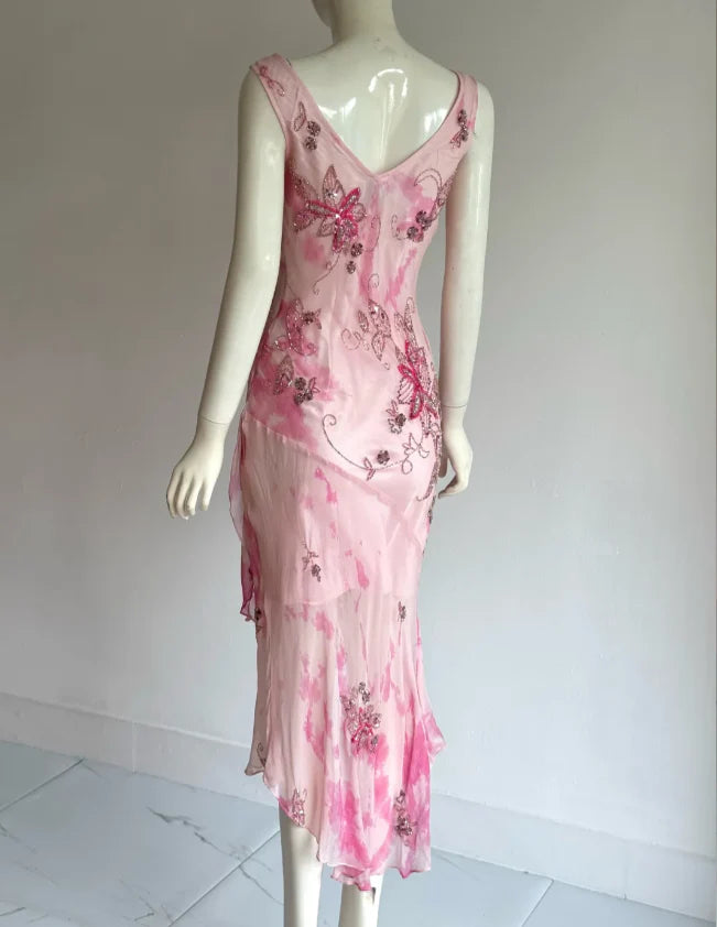 Elegant Pink Watercolor Floral Prom Dress With Cowl Neckline V Back And Beaded Appliques For Formal Evening Party