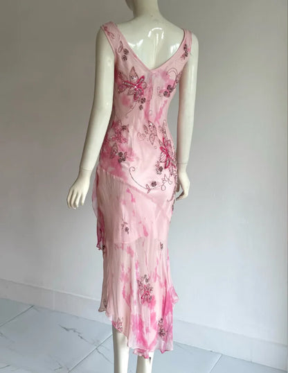 Elegant Pink Watercolor Floral Prom Dress With Cowl Neckline V Back And Beaded Appliques For Formal Evening Party