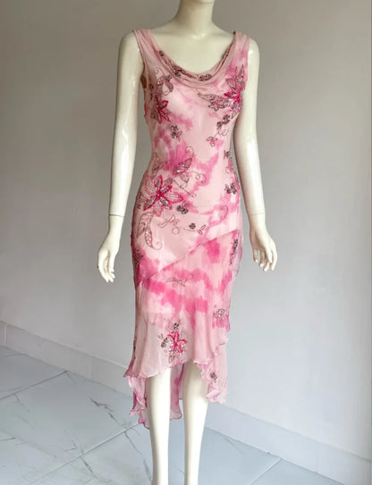 Elegant Pink Watercolor Floral Prom Dress With Cowl Neckline V Back And Beaded Appliques For Formal Evening Party