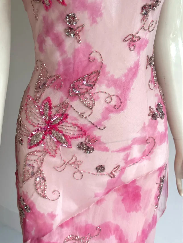 Elegant Pink Watercolor Floral Prom Dress With Cowl Neckline V Back And Beaded Appliques For Formal Evening Party