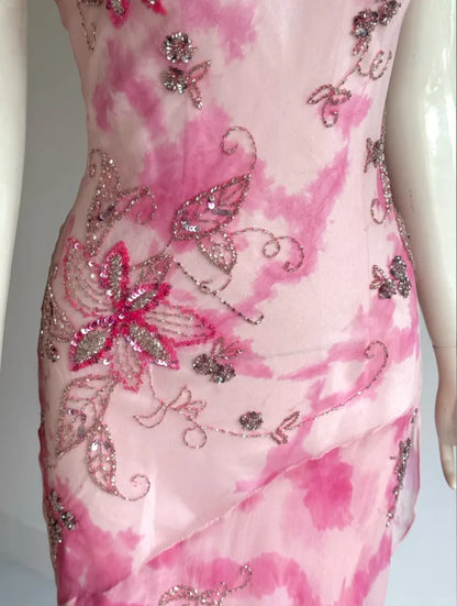 Elegant Pink Watercolor Floral Prom Dress With Cowl Neckline V Back And Beaded Appliques For Formal Evening Party