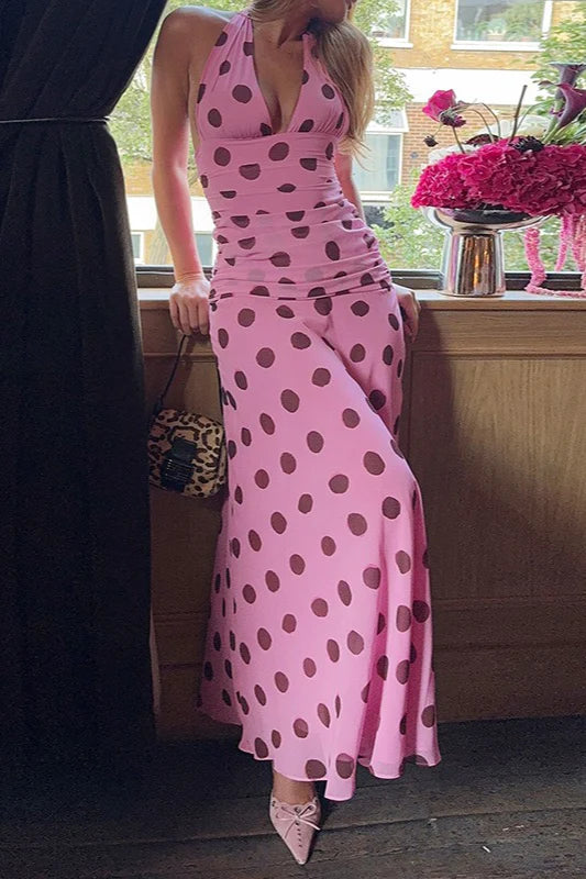 Elegant Polka Dot Halter Neck Backless Ruched Maxi Prom Dress For Wedding Guest Bridal Shower Formal Evening