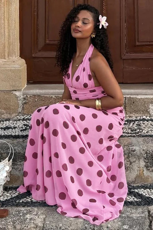 Elegant Polka Dot Halter Neck Backless Ruched Maxi Prom Dress For Wedding Guest Bridal Shower Formal Evening