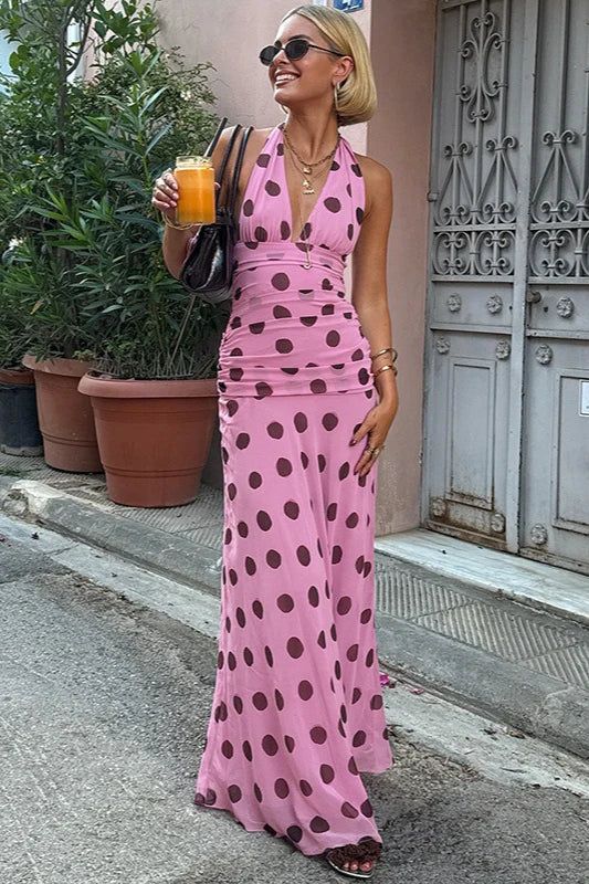 Elegant Polka Dot Halter Neck Backless Ruched Maxi Prom Dress For Wedding Guest Bridal Shower Formal Evening