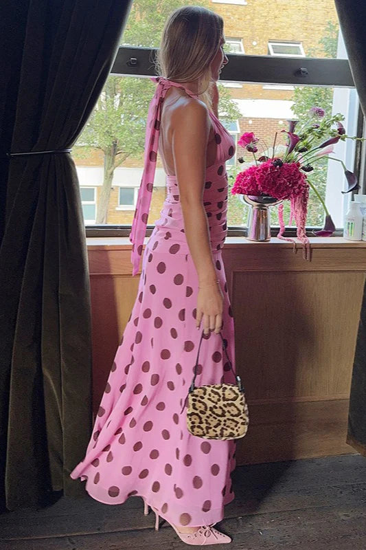 Elegant Polka Dot Halter Neck Backless Ruched Maxi Prom Dress For Wedding Guest Bridal Shower Formal Evening